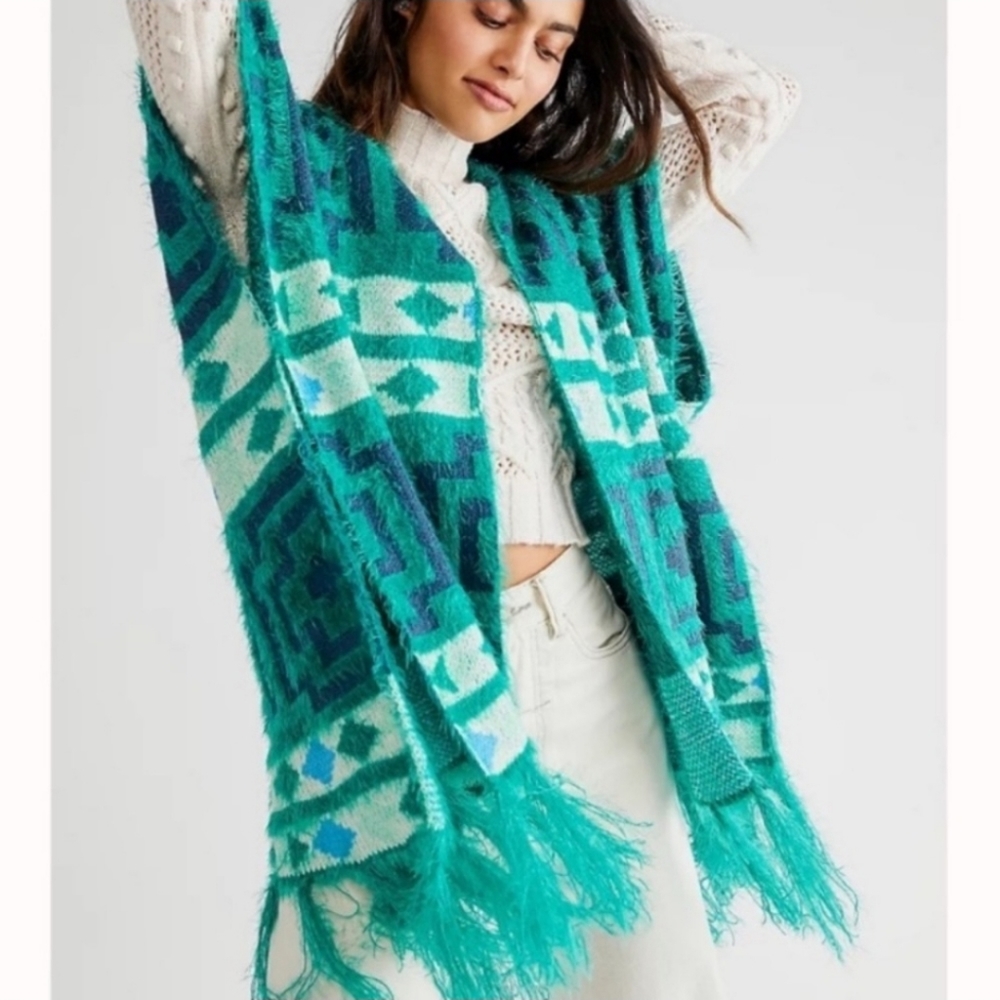 Free People Diamondback Cozy Kimono OS Blue and Green - Picture 1 of 5